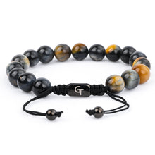 Load image into Gallery viewer, Bracelet - HAWK'S EYE Beaded Bracelet | Multicolored Gemstones On Black Cord | 10mm Beads