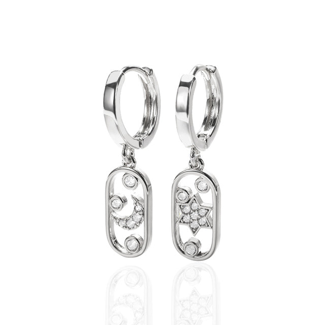 Crescent & Star Drop Earrings Silver