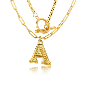 Double Initial & Toggle Clasp Necklace Set Gold / A / 45cm