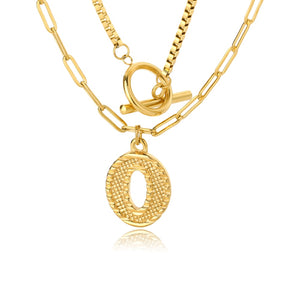Double Initial & Toggle Clasp Necklace Set Gold / O / 45cm