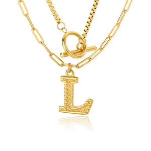 Double Initial & Toggle Clasp Necklace Set Gold / L / 45cm