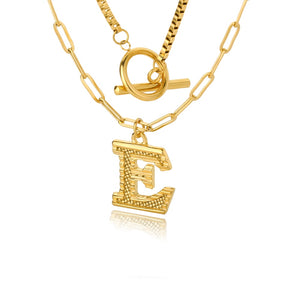 Double Initial & Toggle Clasp Necklace Set Gold / E / 45cm