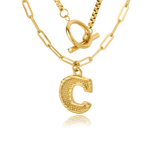 Double Initial & Toggle Clasp Necklace Set Gold / C / 45cm