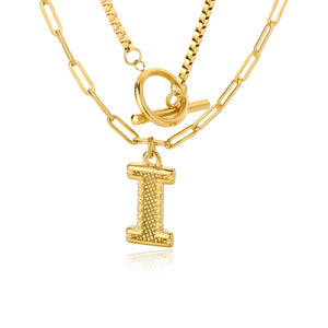 Double Initial & Toggle Clasp Necklace Set Gold / I / 45cm