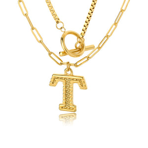 Double Initial & Toggle Clasp Necklace Set Gold / T / 45cm