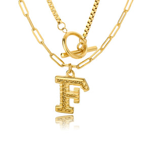 Double Initial & Toggle Clasp Necklace Set Gold / F / 45cm