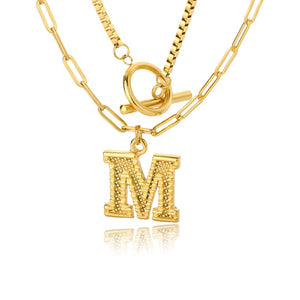 Double Initial & Toggle Clasp Necklace Set Gold / M / 45cm