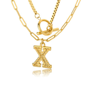 Double Initial & Toggle Clasp Necklace Set Gold / X / 45cm