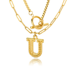 Double Initial & Toggle Clasp Necklace Set Gold / U / 45cm