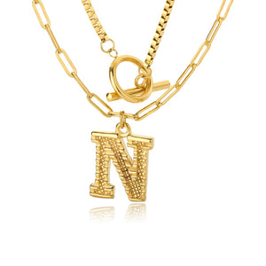 Double Initial & Toggle Clasp Necklace Set Gold / N / 45cm