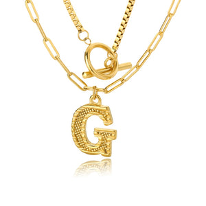 Double Initial & Toggle Clasp Necklace Set Gold / G / 45cm