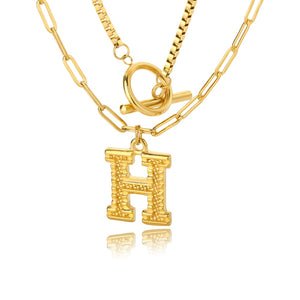 Double Initial & Toggle Clasp Necklace Set Gold / H / 45cm