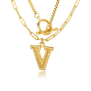 Double Initial & Toggle Clasp Necklace Set Gold / V / 45cm