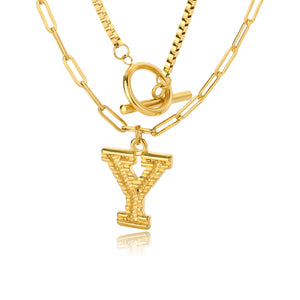 Double Initial & Toggle Clasp Necklace Set Gold / Y / 45cm
