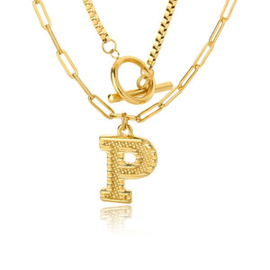 Double Initial & Toggle Clasp Necklace Set Gold / P / 45cm