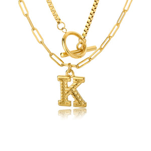 Double Initial & Toggle Clasp Necklace Set Gold / K / 45cm