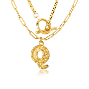 Double Initial & Toggle Clasp Necklace Set Gold / Q / 45cm
