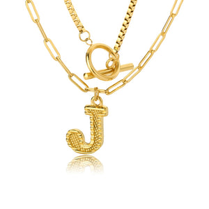 Double Initial & Toggle Clasp Necklace Set Gold / J / 45cm