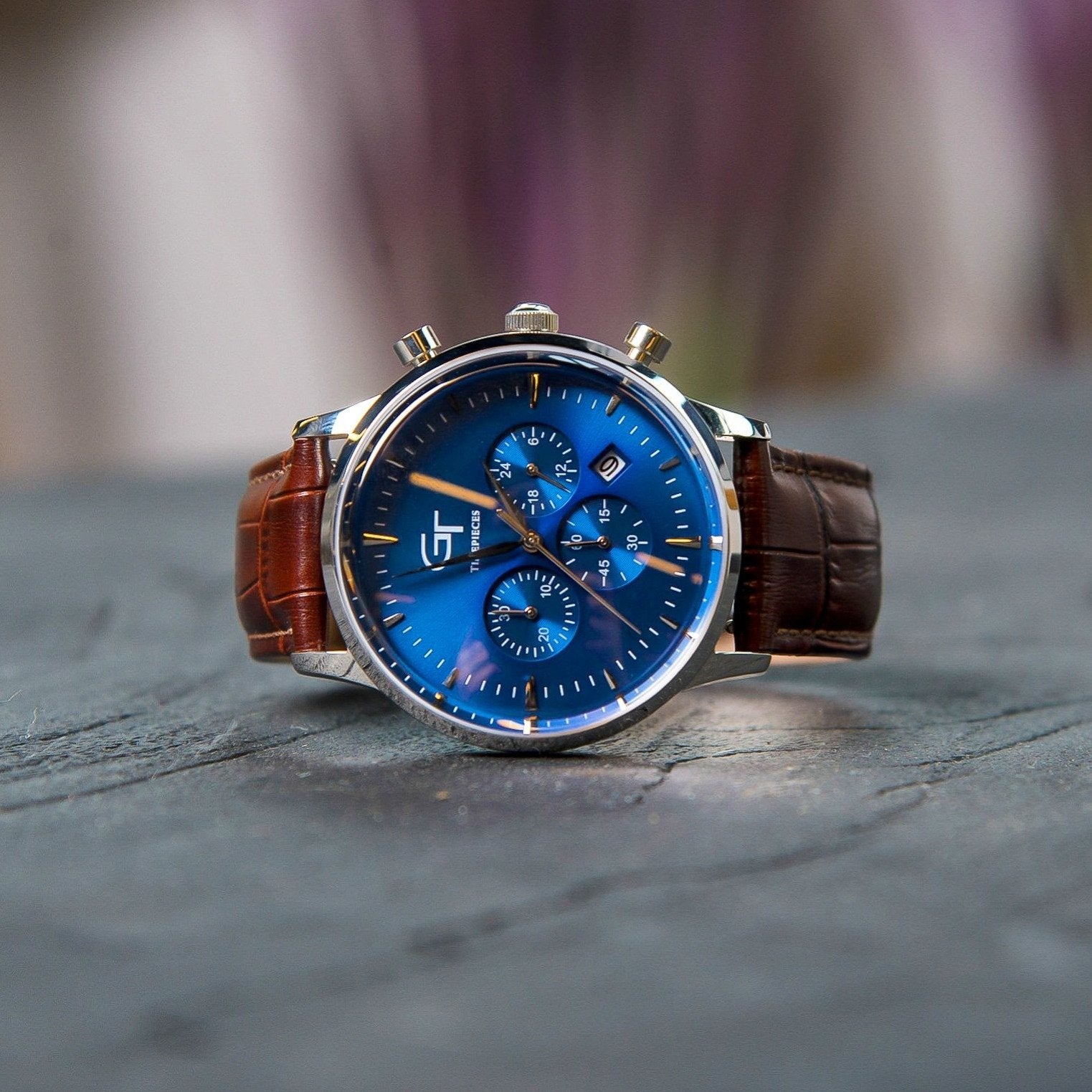 Men's Watch Brown Leather Strap Blue Watch Face