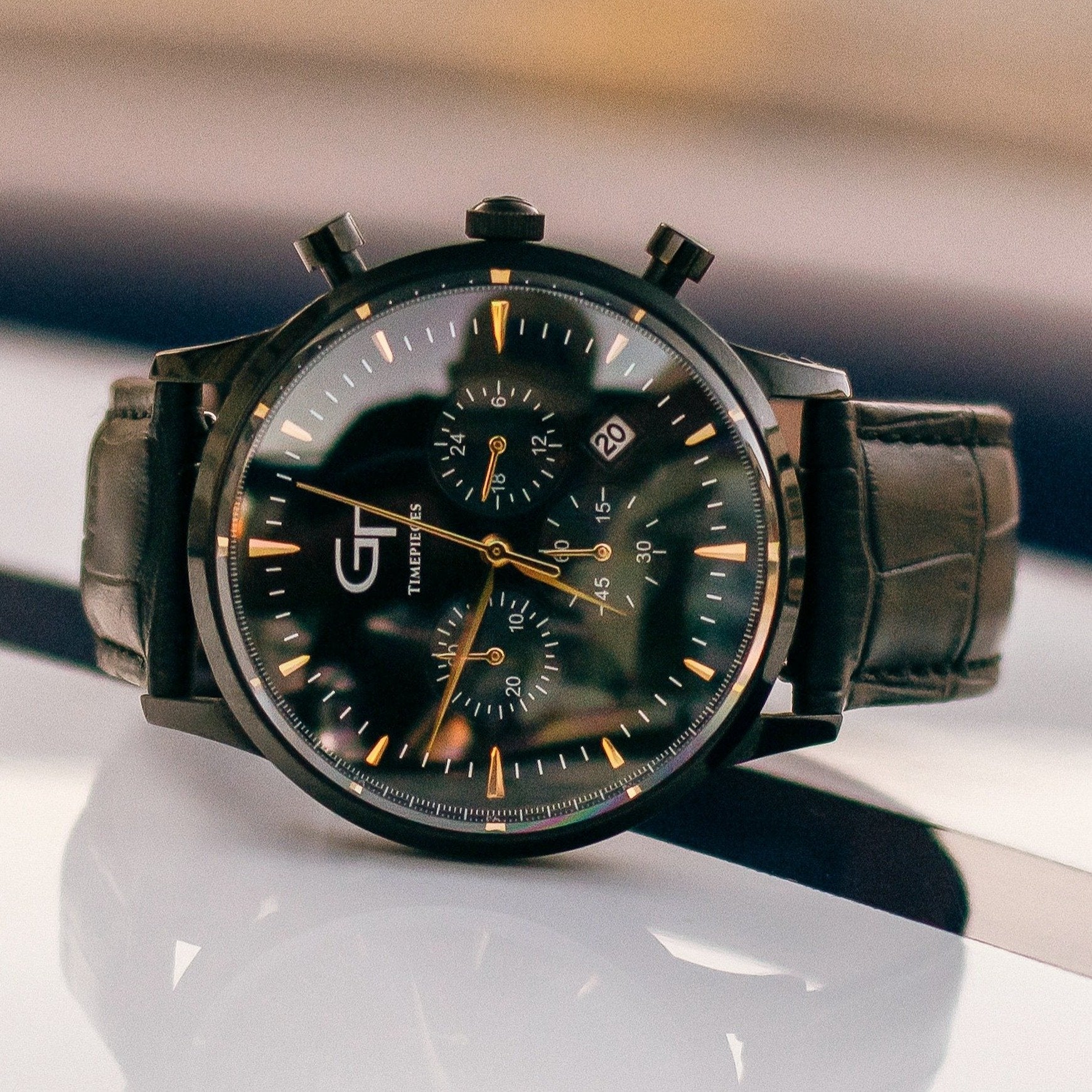 Men's Watch | Black Leather Strap | Black Watch Face