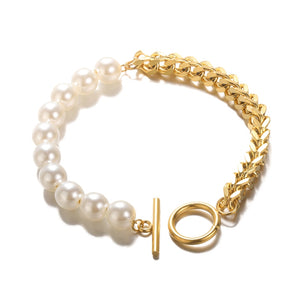 Cuban Chain Pearl Bracelet Gold / 18.5cm