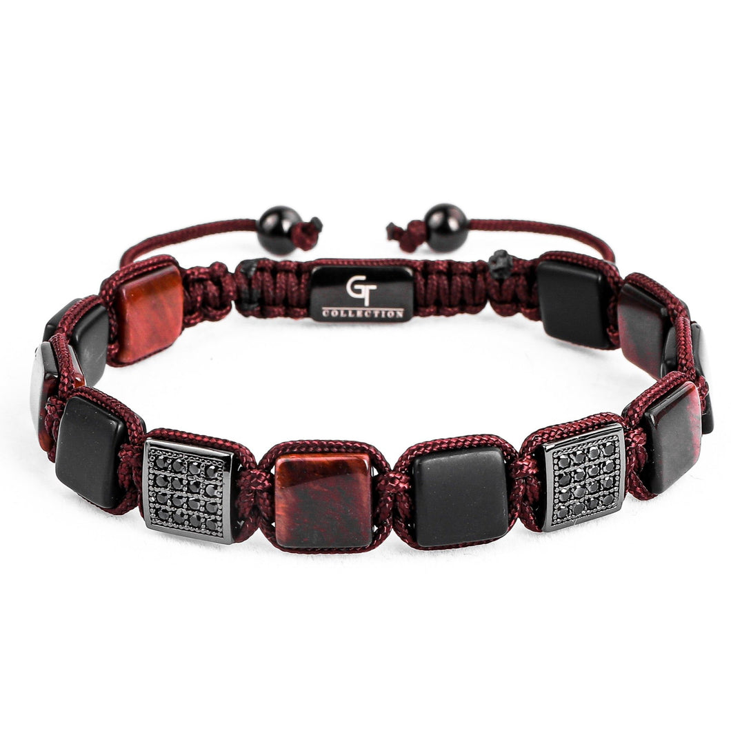 Bracelet - RED TIGER EYE, MATTE ONYX Flatbead Bracelet | Red And Black Gemstones | Black CZ Bead