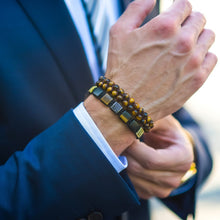 Load image into Gallery viewer, Bracelet - TIGER EYE, BLACK ONYX Flatbead Bracelet | Brown Gemstones On Black Cord | CZ Beads
