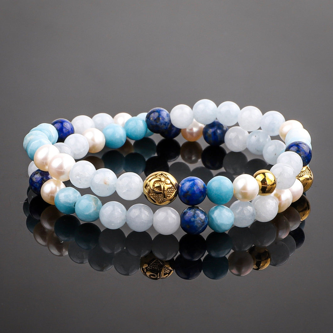 Bracelet - Women's Wrap Bracelet |  Aquamarine, Pearl, Lapis Gemstones